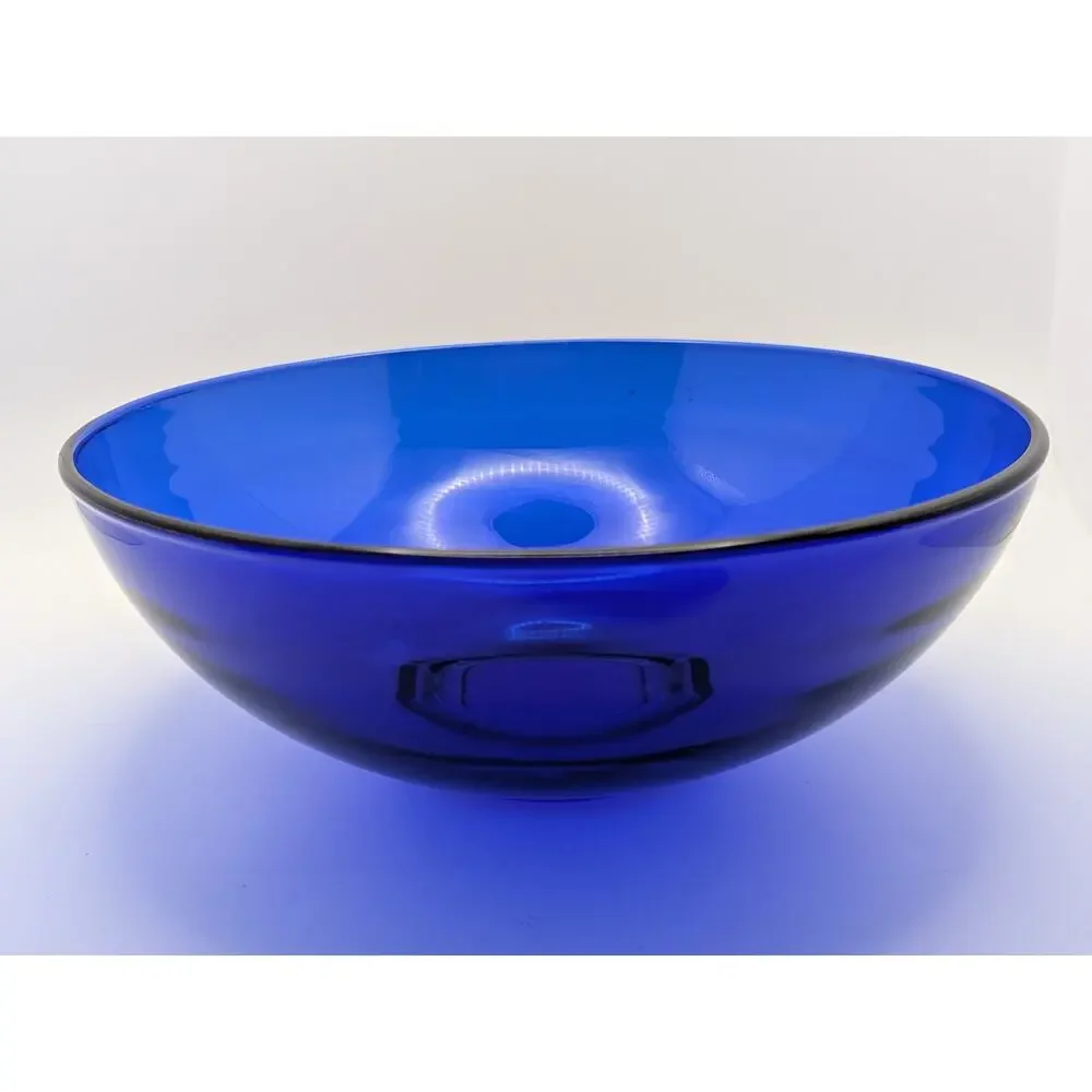 Cobalt Blue Glass Bowl 8 Inch Round 3 Inch Tall Vintage MCM Style Serving Fruit